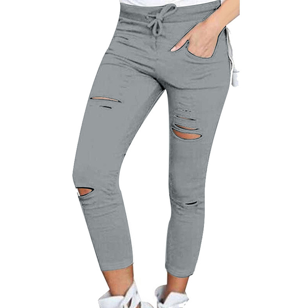 Women Hole Leggings Slim Stretch Trousers Fashion Tight Cotton Solid